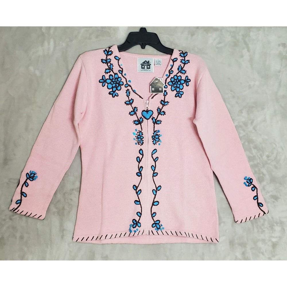 Storybook Knits Sweater Size S Pink & Blue Embroidered Floral Heart Full Zip NWT